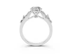 Round Cut Diamond Solitaire Ring Set in White gold with Leaf Motif Band