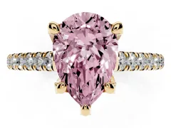Fancy Pink Pear Cut Diamond Solitaire Ring Set in Yellow gold with Brilliant Pavé Band and Prong Setting