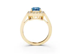 Fancy Blue Radiant Cut Diamond Halo Ring Set in Yellow gold with Accent-Lined Split Shank and Prong Setting