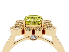 Fancy Yellow Emerald Cut Diamond Cluster Halo Ring Set in Yellow gold with Milgrain Bezel Accents and Plain Band