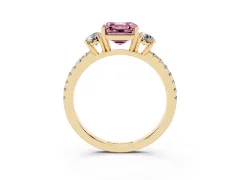 Fancy Pink Asscher Cut Diamond Three-Stone Ring Set in Yellow gold with Pavé Band and Graduated Sides