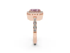 Fancy Pink Emerald Cut Diamond Halo Ring Set in Rose gold with Pavé Shank and Prong Setting