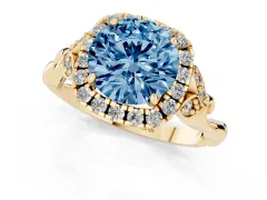Fancy Blue Round Cut Diamond Halo Engagement Ring Set in Yellow gold with Vintage-Inspired Band and Prong Setting