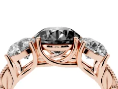 Fancy Black Round Cut Diamond Three-Stone Engagement Ring Set in Rose gold with Milgrain Pavé Band