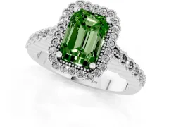 Fancy Green Radiant Cut Diamond Halo Ring Set in Silver with Pavé Milgrain Band