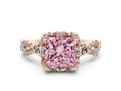 Fancy Pink Princess Cut Diamond Halo Twist Band Solitaire Ring Set in Rose gold with Prong-Set Center Stone