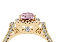 Fancy Pink Pear Cut Diamond Halo Ring Set in Yellow gold with Pavé-Lined Split Shank Band