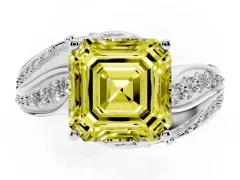 Fancy Yellow Asscher Cut Diamond Solitaire Ring Set in Platinum with Layered Twist Pavé Band