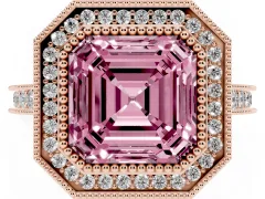 Fancy Pink Asscher Cut Diamond Halo Milgrain Pavé Band Ring Set in Rose gold with Prong Setting