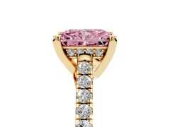 Fancy Pink Radiant Cut Diamond Solitaire Ring Set in Yellow gold with Brilliant Pavé Band and Prong Setting