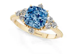 Fancy Blue Cushion Cut Diamond Cluster Ring Set in Yellow gold with Beaded Band