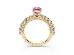 Fancy Pink Radiant Cut Diamond Solitaire Ring Set in Yellow gold with Shared Prong Pavé Band