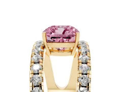 Fancy Pink Cushion Cut Diamond Split Shank Pavé Solitaire Ring Set in Yellow gold with Open Shank Design