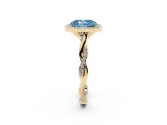 Fancy Blue Radiant Cut Diamond Halo Twist Band Solitaire Ring Set in Yellow gold with Prong Setting