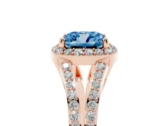 Fancy Blue Cushion Cut Diamond Halo Split Shank Pavé Ring Set in Rose gold with Prong Setting
