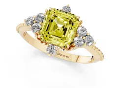 Fancy Yellow Asscher Cut Diamond Cluster Ring Set in Yellow gold with Beaded Band