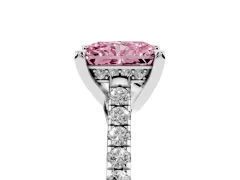 Fancy Pink Radiant Cut Diamond Solitaire Ring Set in Platinum with Brilliant Pavé Band and Prong Setting