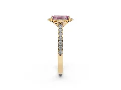 Fancy Pink Emerald Cut Diamond Solitaire Ring Set in Yellow gold with Pavé Band and Floral Prong Setting