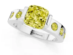 Fancy Yellow Cushion Cut Diamond Channel-Set Band Ring Set in Platinum with Bezel Prong Setting