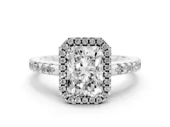 Radiant Cut Diamond Halo Ring Set in Silver with Pavé Shoulders and Halo-Framed Center