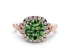 Fancy Green Round Cut Diamond Halo Engagement Ring Set in Rose gold with Vintage-Inspired Band and Prong Setting