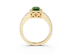 Fancy Green Radiant Cut Diamond Halo Ring Set in Yellow gold with Pavé Shoulders and Halo-Framed Center