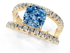 Fancy Blue Cushion Cut Diamond Split Shank Pavé Solitaire Ring Set in Yellow gold with Open Shank Design