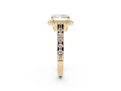 Radiant Cut Diamond Halo Engagement Ring Set in Yellow gold with Pavé Band and Prong-Set Center