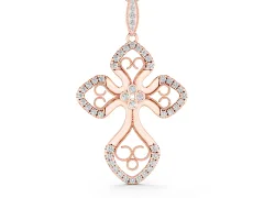 Round Diamond Cross Pendant Set in Rose gold with Pavé and Milgrain Edge