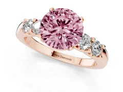 Fancy Pink Round Cut Diamond Five-Stone Prong Set Engagement Ring Set in Rose gold with Channel Band