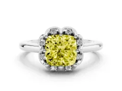 Fancy Yellow Cushion Cut Diamond Round Cluster Halo Ring Set in Silver with Solitaire Band and Prong Setting