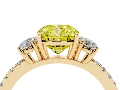 Fancy Yellow Cushion Cut Diamond Three-Stone Ring Set in Yellow gold with Pavé Band and Graduated Sides