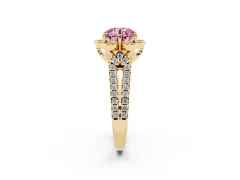 Fancy Pink Round Cut Diamond Floral Halo Split Shank Engagement Ring Set in Yellow gold with Pavé Shank