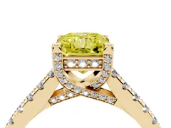 Fancy Yellow Radiant Cut Diamond Solitaire Ring Set in Yellow gold with Brilliant Pavé Band and Prong Setting
