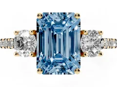 Fancy Blue Emerald Cut Diamond Three-Stone Ring Set in Yellow gold with Pavé Band and Graduated Sides