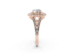 Round Cut Diamond Double Halo Ring Set in Rose gold with Pavé Split Shank and Prong Setting