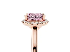 Fancy Pink Oval Cut Diamond Halo Engagement Ring Set in Rose gold with Pavé Band and Rising Shoulders