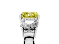 Fancy Yellow Asscher Cut Diamond Three-Stone Ring Set in White gold with Round Side Stones and Classic Band