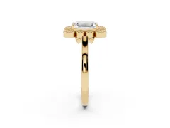 Emerald Cut Diamond Cluster Halo Ring Set in Yellow gold with Milgrain Bezel Accents and Plain Band