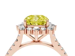 Fancy Yellow Cushion Cut Diamond Halo Ring Set in Rose gold with Pavé Band and Prong Setting