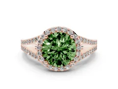 Fancy Green Round Cut Diamond Halo Split Shank Ring Set in Rose gold with Accent Stones and Prong Setting