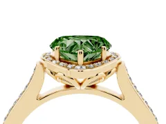 Fancy Green Heart Cut Diamond Halo Ring Set in Yellow gold with Pavé-Lined Shoulders and Prong Setting