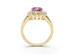 Fancy Pink Princess Cut Diamond Milgrain Halo Solitaire Ring Set in Yellow gold with Bezel Set Side Stones and Pavé Band