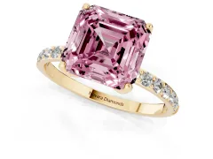 Fancy Pink Asscher Cut Diamond Solitaire Engagement Ring Set in Yellow gold with Round Pavé Band and Prong Setting