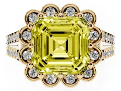 Fancy Yellow Asscher Cut Diamond Floral Halo Split Shank Engagement Ring Set in Yellow gold with Pavé Shank