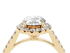 Oval Cut Diamond Pavé Halo Engagement Ring Set in Yellow gold with Pavé Band and Prong Setting