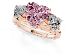 Fancy Pink Heart Cut Diamond Three-Stone Ring Set in Rose gold with Braided Band
