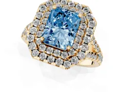 Fancy Blue Radiant Cut Diamond Double Halo Ring Set in Yellow gold with Pavé Split Shank and Prong Setting