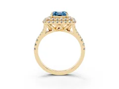 Fancy Blue Asscher Cut Diamond Double Halo Ring Set in Yellow gold with Pavé Split Shank and Prong Setting