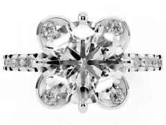 Round Cut Diamond Solitaire Ring Set in Silver with Pavé Band and Floral Prong Setting